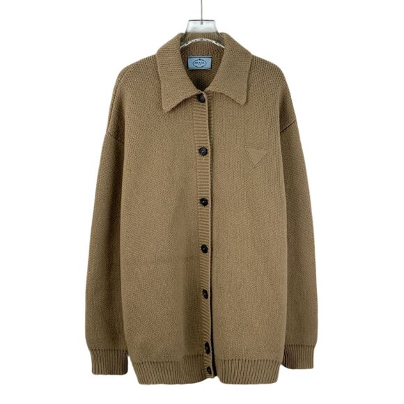 Prada Brown 100% Cashmere Knitted Single-Breasted Sweater Coat With Triangular L
